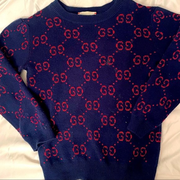 GUCCI GG Print Wool Sweater Boys Girls 3T 4T Navy Red - Picture 1 of 6